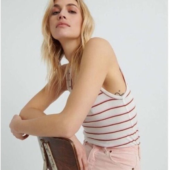 Lucky Brand Striped Knit Cotton Modal Button Detail Tank Top Size Medium - Picture 1 of 6